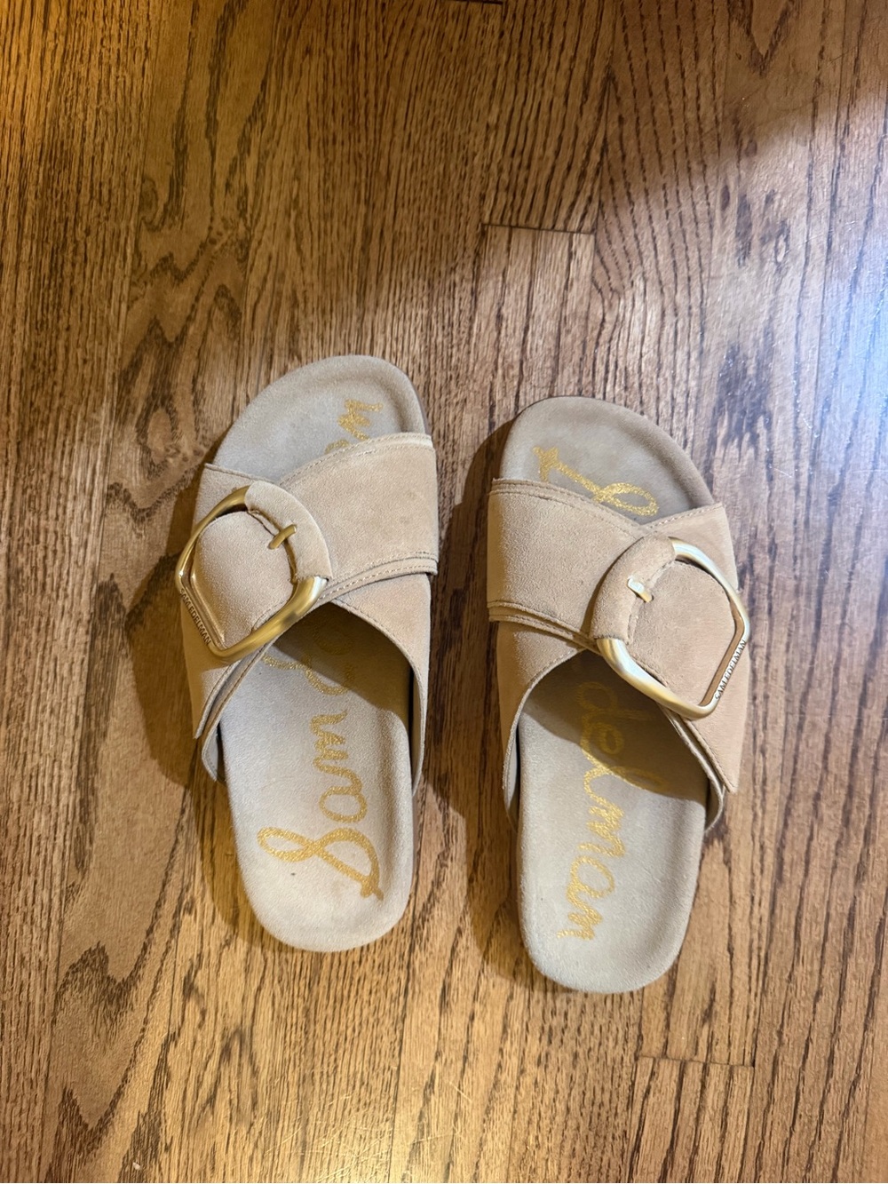 Sam Edelman Tan Suede Slide Sandals with Gold Buckle